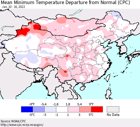 China, Mongolia and Taiwan Mean Minimum Temperature Departure from Normal (CPC) Thematic Map For 1/10/2022 - 1/16/2022