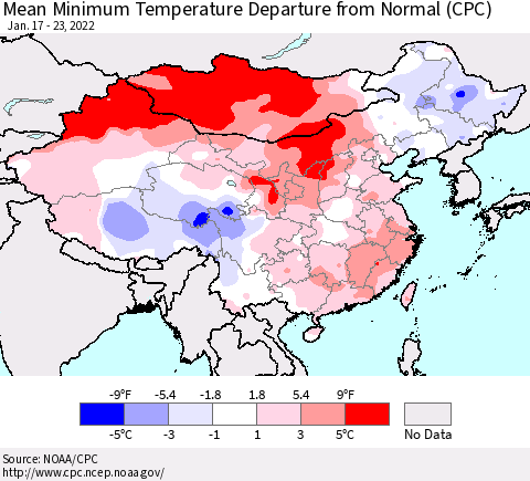 China, Mongolia and Taiwan Mean Minimum Temperature Departure from Normal (CPC) Thematic Map For 1/17/2022 - 1/23/2022
