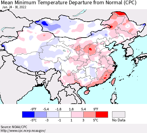 China, Mongolia and Taiwan Mean Minimum Temperature Departure from Normal (CPC) Thematic Map For 1/24/2022 - 1/30/2022