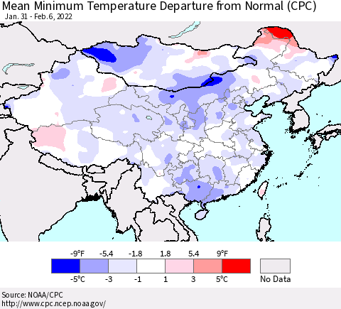 China, Mongolia and Taiwan Mean Minimum Temperature Departure from Normal (CPC) Thematic Map For 1/31/2022 - 2/6/2022