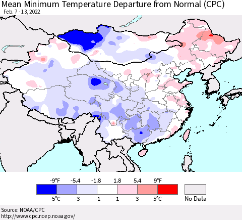 China, Mongolia and Taiwan Mean Minimum Temperature Departure from Normal (CPC) Thematic Map For 2/7/2022 - 2/13/2022
