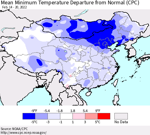 China, Mongolia and Taiwan Mean Minimum Temperature Departure from Normal (CPC) Thematic Map For 2/14/2022 - 2/20/2022