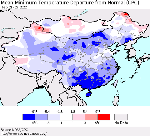 China, Mongolia and Taiwan Mean Minimum Temperature Departure from Normal (CPC) Thematic Map For 2/21/2022 - 2/27/2022