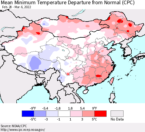 China, Mongolia and Taiwan Mean Minimum Temperature Departure from Normal (CPC) Thematic Map For 2/28/2022 - 3/6/2022