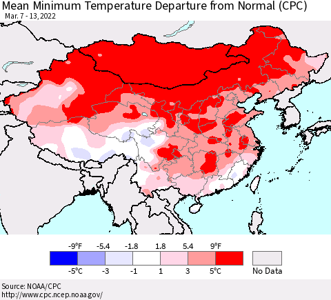 China, Mongolia and Taiwan Mean Minimum Temperature Departure from Normal (CPC) Thematic Map For 3/7/2022 - 3/13/2022