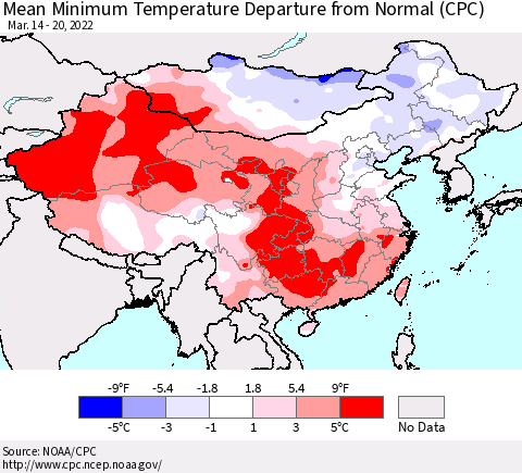 China, Mongolia and Taiwan Mean Minimum Temperature Departure from Normal (CPC) Thematic Map For 3/14/2022 - 3/20/2022
