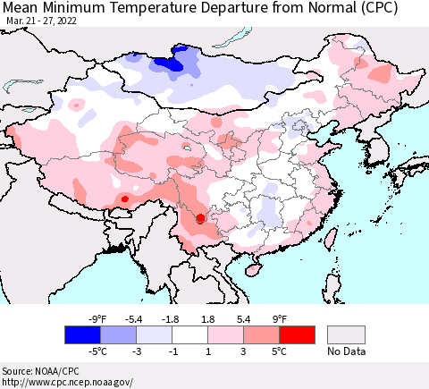 China, Mongolia and Taiwan Mean Minimum Temperature Departure from Normal (CPC) Thematic Map For 3/21/2022 - 3/27/2022