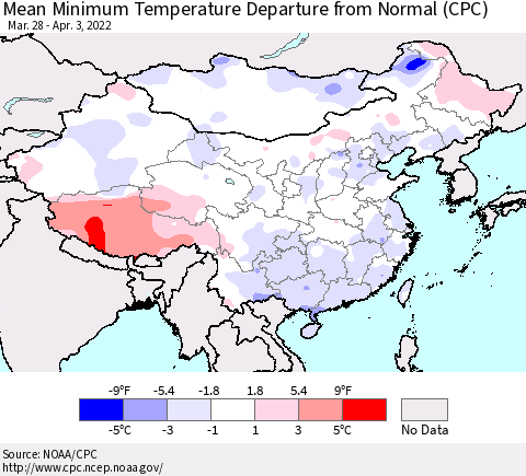 China, Mongolia and Taiwan Mean Minimum Temperature Departure from Normal (CPC) Thematic Map For 3/28/2022 - 4/3/2022