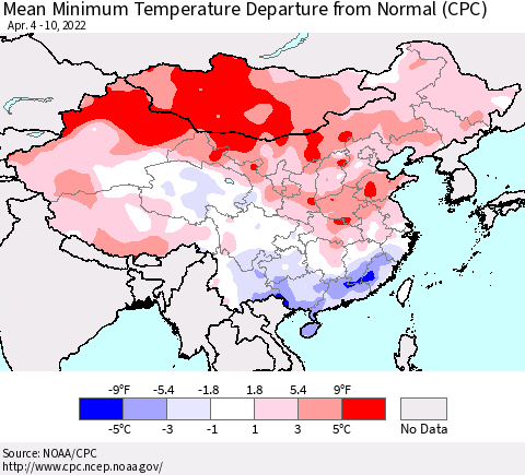 China, Mongolia and Taiwan Mean Minimum Temperature Departure from Normal (CPC) Thematic Map For 4/4/2022 - 4/10/2022