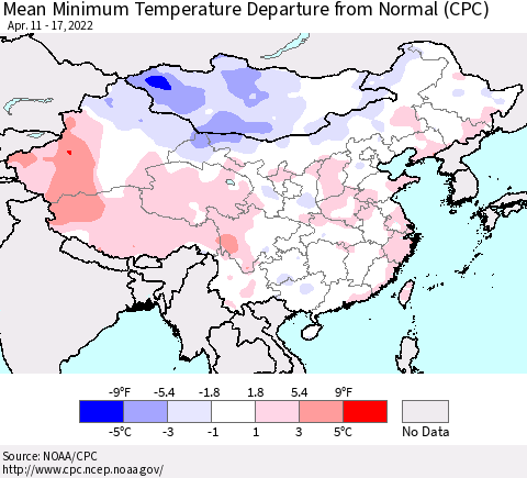 China, Mongolia and Taiwan Mean Minimum Temperature Departure from Normal (CPC) Thematic Map For 4/11/2022 - 4/17/2022
