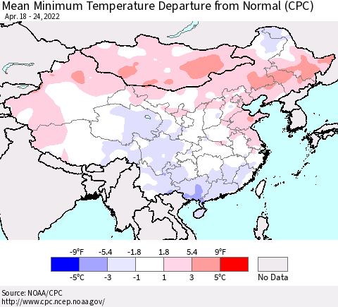 China, Mongolia and Taiwan Mean Minimum Temperature Departure from Normal (CPC) Thematic Map For 4/18/2022 - 4/24/2022