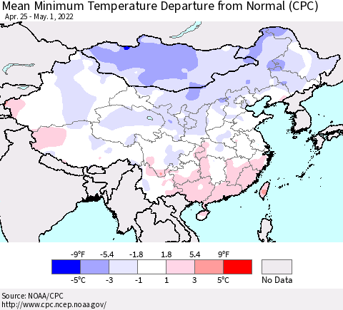 China, Mongolia and Taiwan Mean Minimum Temperature Departure from Normal (CPC) Thematic Map For 4/25/2022 - 5/1/2022