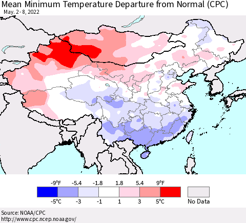 China, Mongolia and Taiwan Mean Minimum Temperature Departure from Normal (CPC) Thematic Map For 5/2/2022 - 5/8/2022