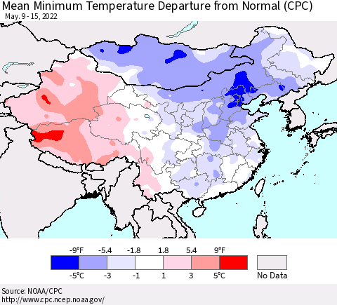 China, Mongolia and Taiwan Mean Minimum Temperature Departure from Normal (CPC) Thematic Map For 5/9/2022 - 5/15/2022
