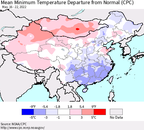 China, Mongolia and Taiwan Mean Minimum Temperature Departure from Normal (CPC) Thematic Map For 5/16/2022 - 5/22/2022