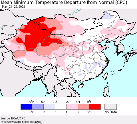 China, Mongolia and Taiwan Mean Minimum Temperature Departure from Normal (CPC) Thematic Map For 5/23/2022 - 5/29/2022