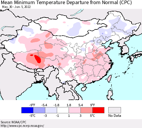 China, Mongolia and Taiwan Mean Minimum Temperature Departure from Normal (CPC) Thematic Map For 5/30/2022 - 6/5/2022