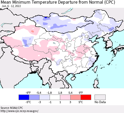 China, Mongolia and Taiwan Mean Minimum Temperature Departure from Normal (CPC) Thematic Map For 6/6/2022 - 6/12/2022