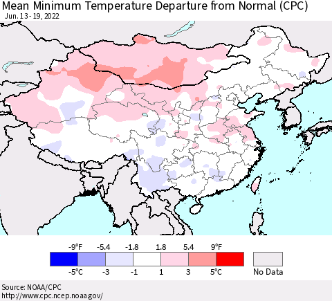 China, Mongolia and Taiwan Mean Minimum Temperature Departure from Normal (CPC) Thematic Map For 6/13/2022 - 6/19/2022