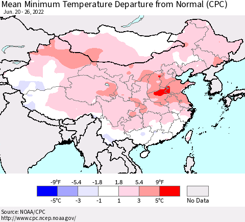 China, Mongolia and Taiwan Mean Minimum Temperature Departure from Normal (CPC) Thematic Map For 6/20/2022 - 6/26/2022