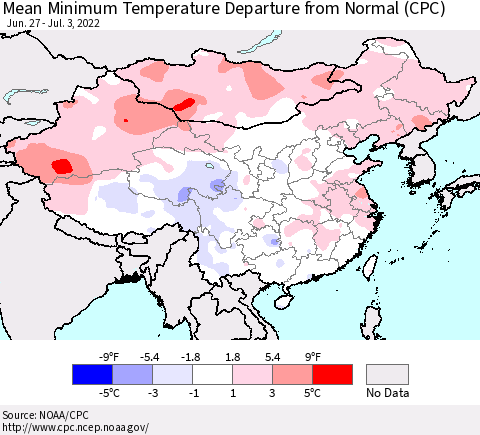 China, Mongolia and Taiwan Mean Minimum Temperature Departure from Normal (CPC) Thematic Map For 6/27/2022 - 7/3/2022