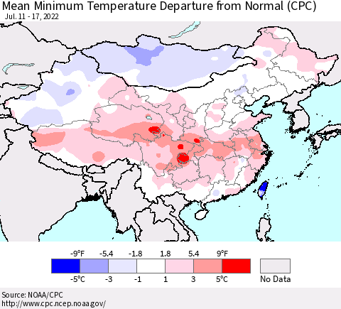 China, Mongolia and Taiwan Mean Minimum Temperature Departure from Normal (CPC) Thematic Map For 7/11/2022 - 7/17/2022