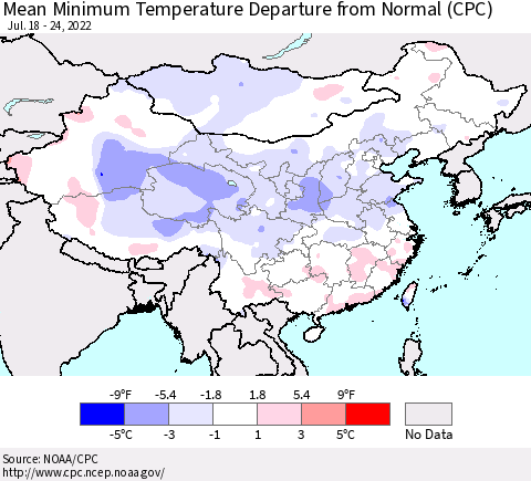 China, Mongolia and Taiwan Mean Minimum Temperature Departure from Normal (CPC) Thematic Map For 7/18/2022 - 7/24/2022
