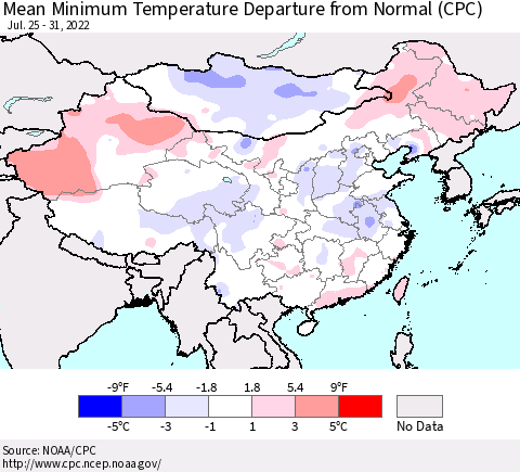 China, Mongolia and Taiwan Mean Minimum Temperature Departure from Normal (CPC) Thematic Map For 7/25/2022 - 7/31/2022
