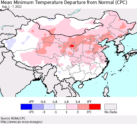 China, Mongolia and Taiwan Mean Minimum Temperature Departure from Normal (CPC) Thematic Map For 8/1/2022 - 8/7/2022