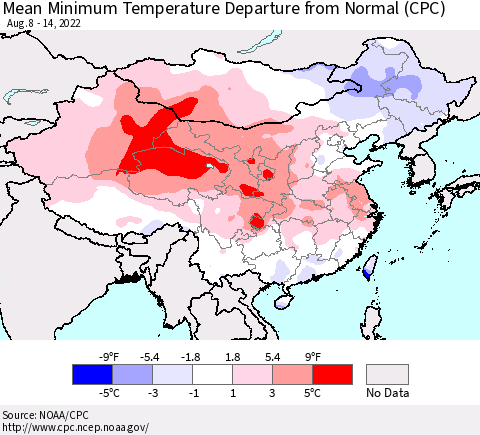 China, Mongolia and Taiwan Mean Minimum Temperature Departure from Normal (CPC) Thematic Map For 8/8/2022 - 8/14/2022