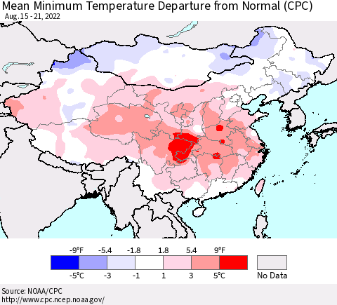 China, Mongolia and Taiwan Mean Minimum Temperature Departure from Normal (CPC) Thematic Map For 8/15/2022 - 8/21/2022