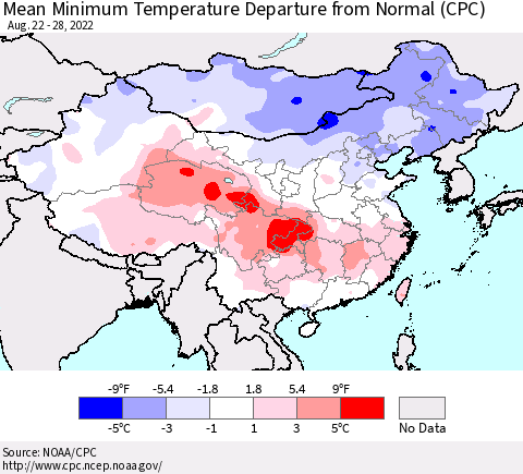 China, Mongolia and Taiwan Mean Minimum Temperature Departure from Normal (CPC) Thematic Map For 8/22/2022 - 8/28/2022