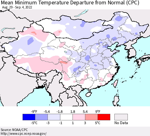 China, Mongolia and Taiwan Mean Minimum Temperature Departure from Normal (CPC) Thematic Map For 8/29/2022 - 9/4/2022