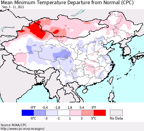 China, Mongolia and Taiwan Mean Minimum Temperature Departure from Normal (CPC) Thematic Map For 9/5/2022 - 9/11/2022