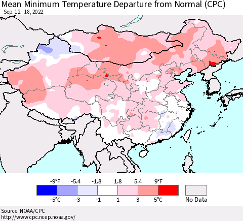 China, Mongolia and Taiwan Mean Minimum Temperature Departure from Normal (CPC) Thematic Map For 9/12/2022 - 9/18/2022