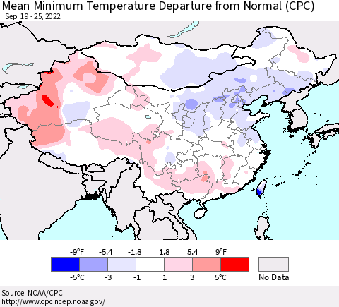 China, Mongolia and Taiwan Mean Minimum Temperature Departure from Normal (CPC) Thematic Map For 9/19/2022 - 9/25/2022