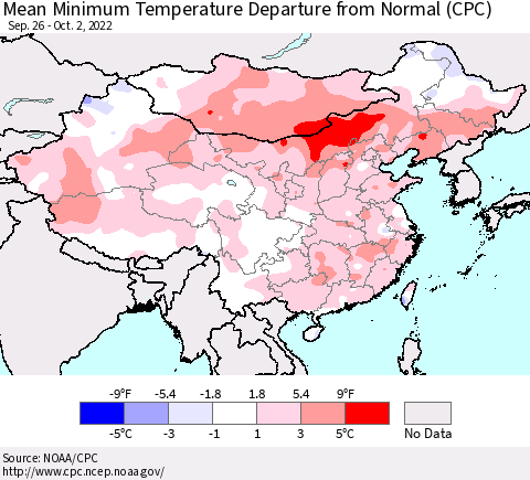 China, Mongolia and Taiwan Mean Minimum Temperature Departure from Normal (CPC) Thematic Map For 9/26/2022 - 10/2/2022