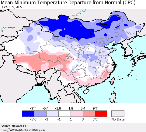 China, Mongolia and Taiwan Mean Minimum Temperature Departure from Normal (CPC) Thematic Map For 10/3/2022 - 10/9/2022