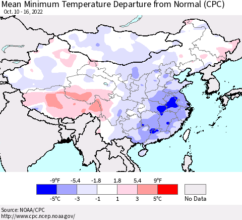 China, Mongolia and Taiwan Mean Minimum Temperature Departure from Normal (CPC) Thematic Map For 10/10/2022 - 10/16/2022