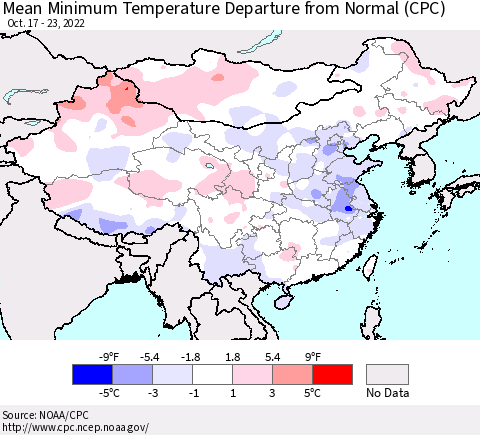 China, Mongolia and Taiwan Mean Minimum Temperature Departure from Normal (CPC) Thematic Map For 10/17/2022 - 10/23/2022
