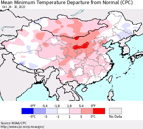 China, Mongolia and Taiwan Mean Minimum Temperature Departure from Normal (CPC) Thematic Map For 10/24/2022 - 10/30/2022