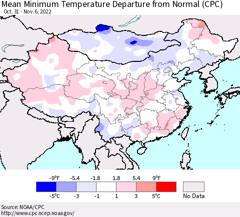 China, Mongolia and Taiwan Mean Minimum Temperature Departure from Normal (CPC) Thematic Map For 10/31/2022 - 11/6/2022
