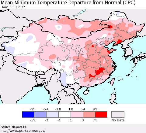 China, Mongolia and Taiwan Mean Minimum Temperature Departure from Normal (CPC) Thematic Map For 11/7/2022 - 11/13/2022