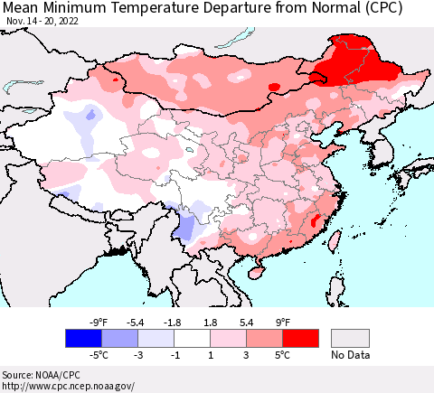 China, Mongolia and Taiwan Mean Minimum Temperature Departure from Normal (CPC) Thematic Map For 11/14/2022 - 11/20/2022