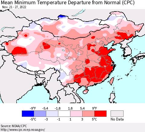 China, Mongolia and Taiwan Mean Minimum Temperature Departure from Normal (CPC) Thematic Map For 11/21/2022 - 11/27/2022