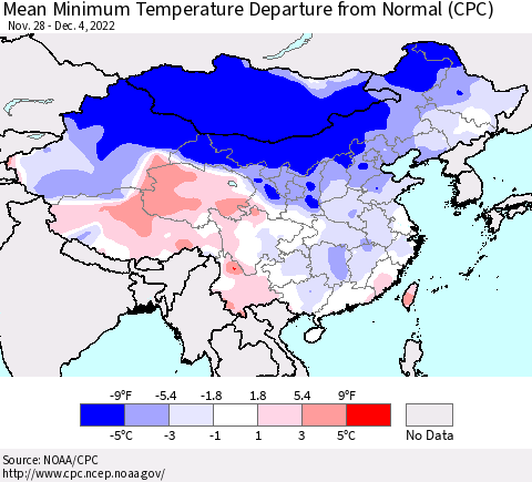 China, Mongolia and Taiwan Mean Minimum Temperature Departure from Normal (CPC) Thematic Map For 11/28/2022 - 12/4/2022