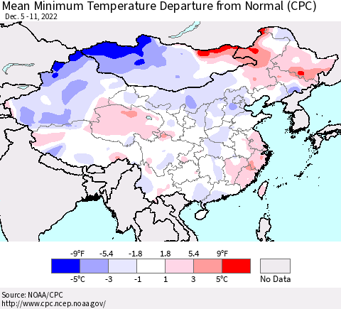 China, Mongolia and Taiwan Mean Minimum Temperature Departure from Normal (CPC) Thematic Map For 12/5/2022 - 12/11/2022