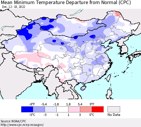 China, Mongolia and Taiwan Mean Minimum Temperature Departure from Normal (CPC) Thematic Map For 12/12/2022 - 12/18/2022