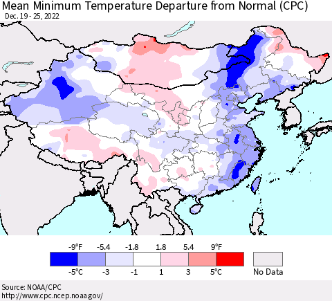 China, Mongolia and Taiwan Mean Minimum Temperature Departure from Normal (CPC) Thematic Map For 12/19/2022 - 12/25/2022