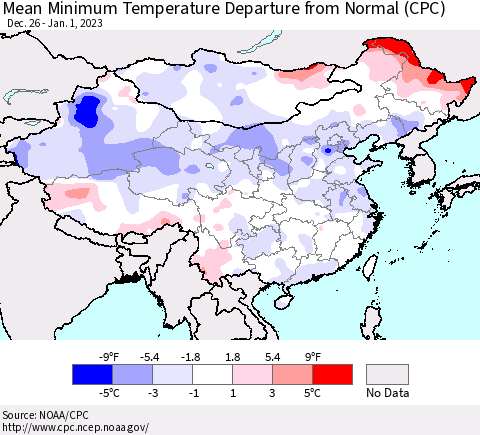 China, Mongolia and Taiwan Mean Minimum Temperature Departure from Normal (CPC) Thematic Map For 12/26/2022 - 1/1/2023